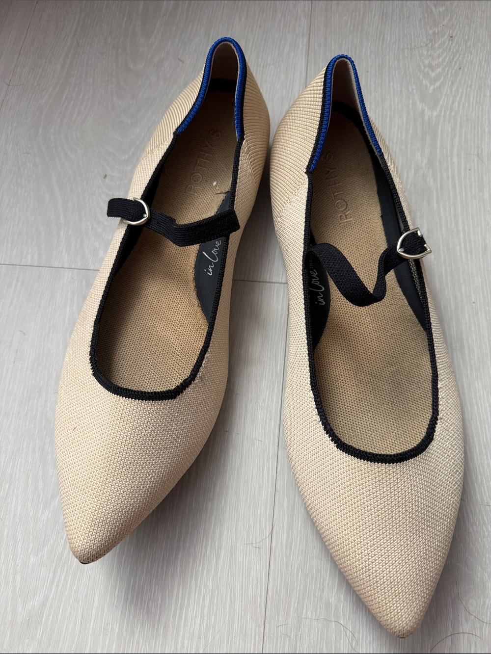 Rothy's Beige Pointed Mary Jane Flats with Black Trim and Blue Edge